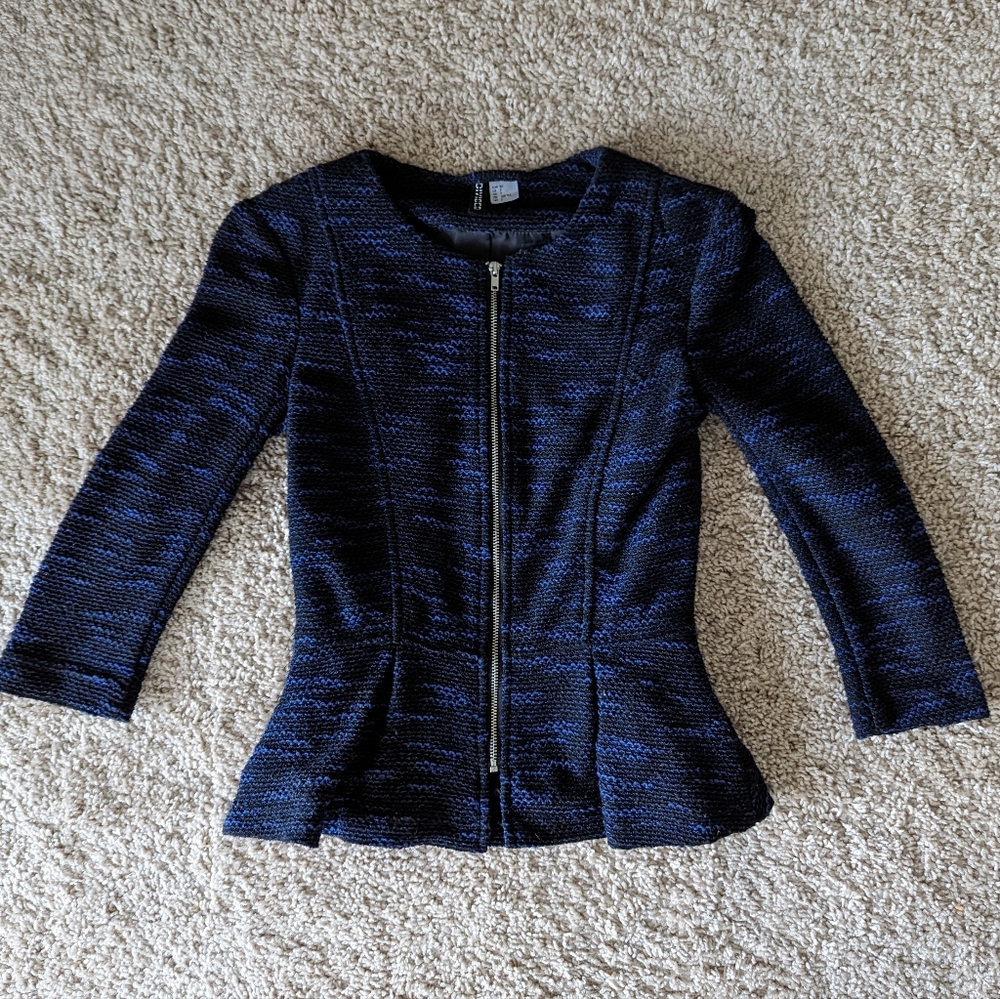 H&M Blue Black Knit Zip Up Peplum Blazer Sz 2 XS